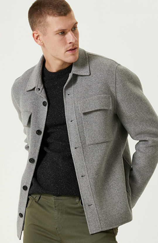 Gri Yün Karışımlı Dikişsiz Handmade Mont