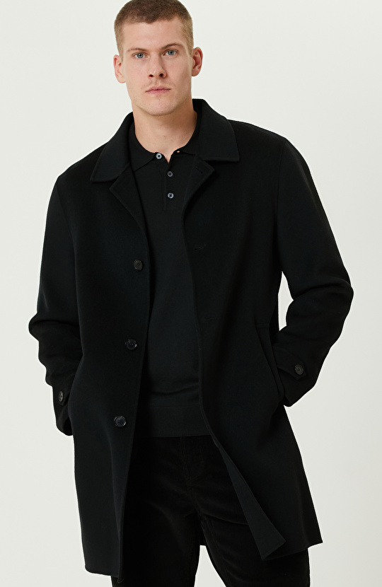 Siyah Yün Karışımlı Dikişsiz Handmade Palto