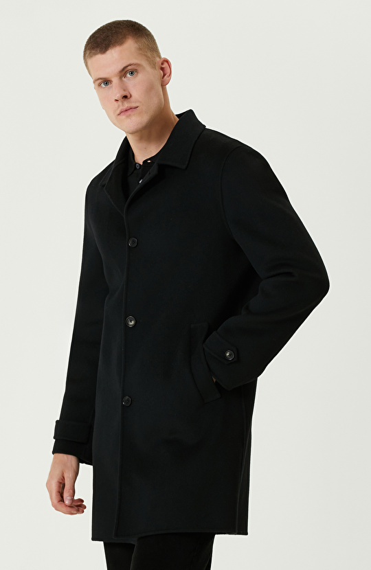 Siyah Yün Karışımlı Dikişsiz Handmade Palto