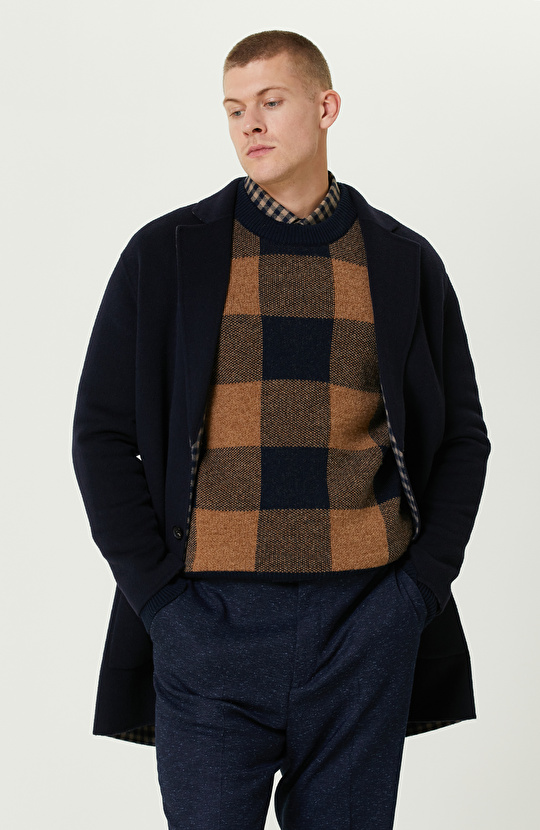 Lacivert Yün Karışımlı Double Face Dikişsiz Handmade Palto