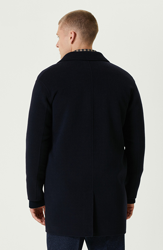 Lacivert Yün Karışımlı Double Face Dikişsiz Handmade Palto