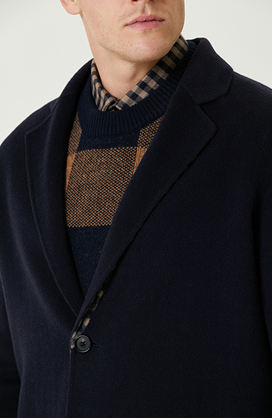 Lacivert Yün Karışımlı Double Face Dikişsiz Handmade Palto