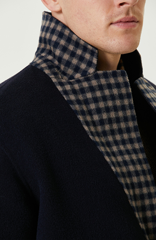 Lacivert Yün Karışımlı Double Face Dikişsiz Handmade Palto