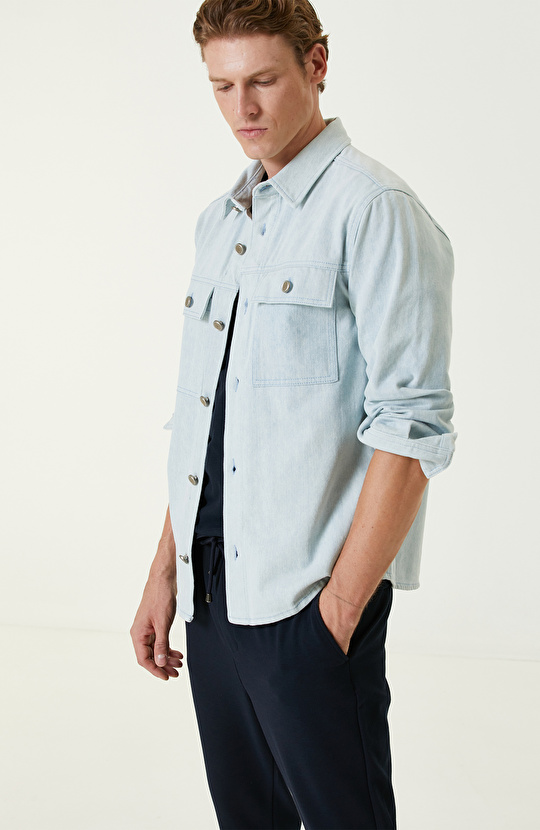 Mavi Çıtçıtlı Denim Gömlek