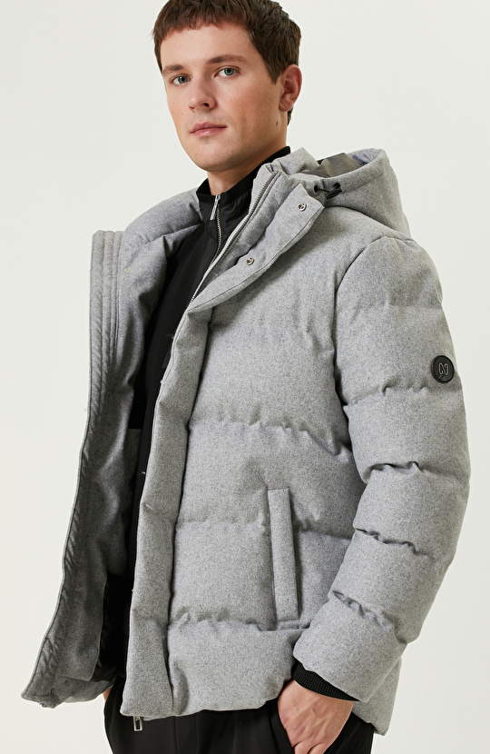 Gri Melanj Yün Karışımlı Puffer Kaban