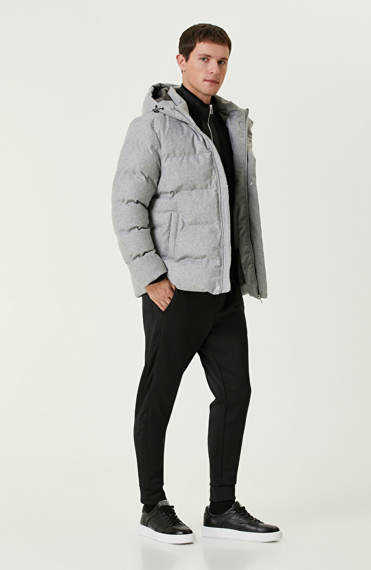 Gri Melanj Yün Karışımlı Puffer Kaban