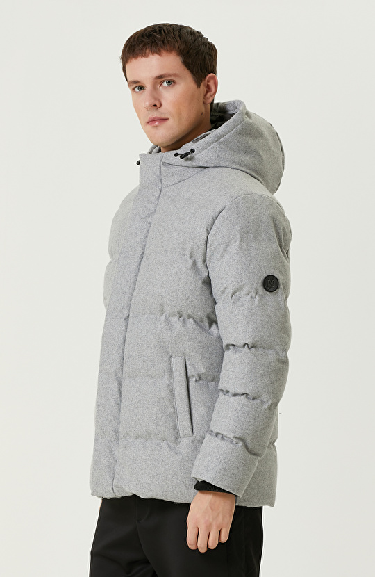 Gri Melanj Yün Karışımlı Puffer Kaban