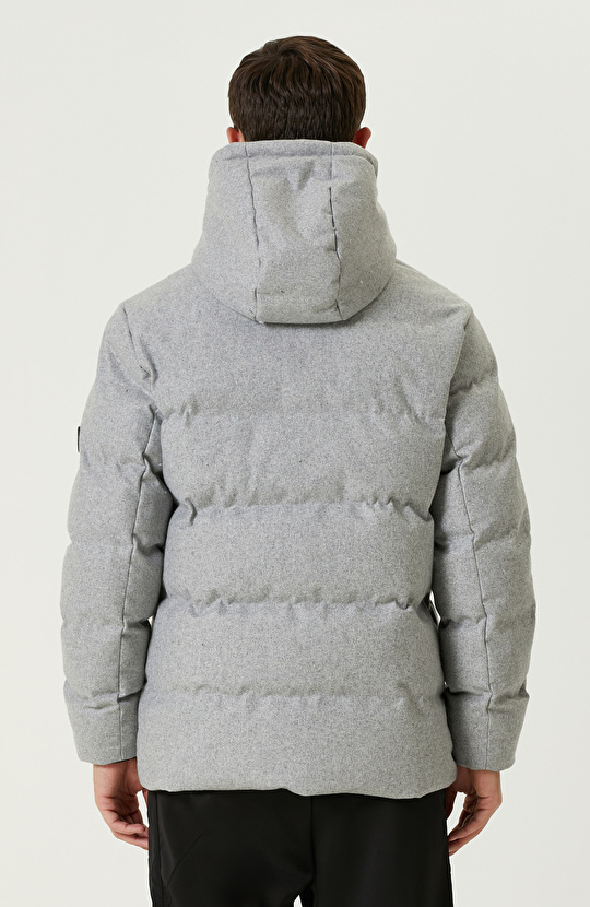 Gri Melanj Yün Karışımlı Puffer Kaban