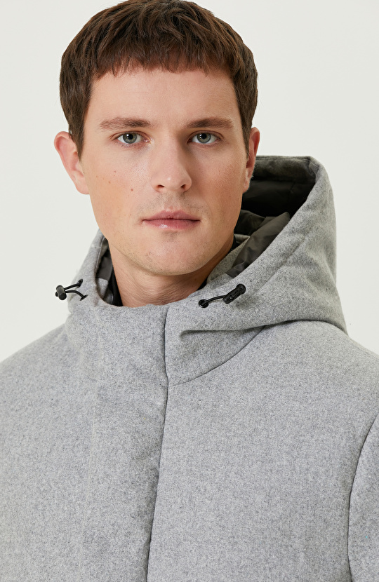 Gri Melanj Yün Karışımlı Puffer Kaban