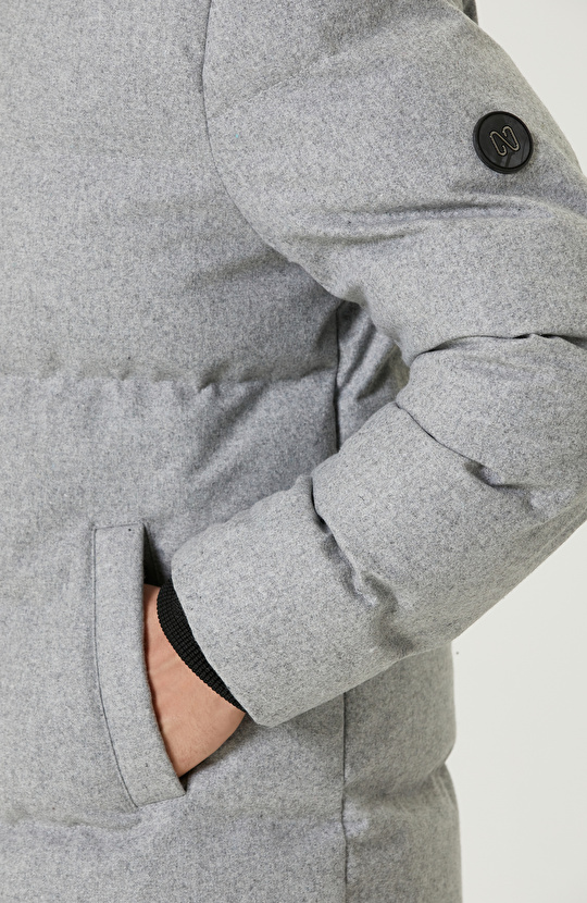 Gri Melanj Yün Karışımlı Puffer Kaban
