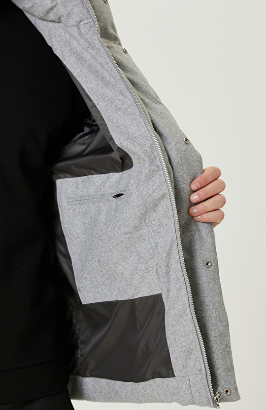 Gri Melanj Yün Karışımlı Puffer Kaban