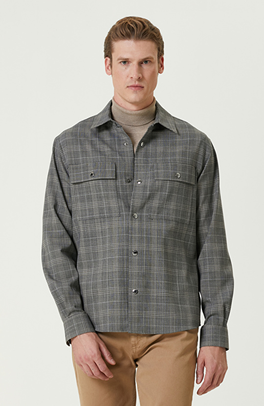 Gri Ekoseli Yün Karışımlı Dış Gömlek Gri Ekoseli Yün Karışımlı Dış Gömlek