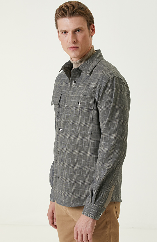 Gri Ekoseli Yün Karışımlı Dış Gömlek