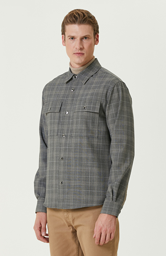 Gri Ekoseli Yün Karışımlı Dış Gömlek