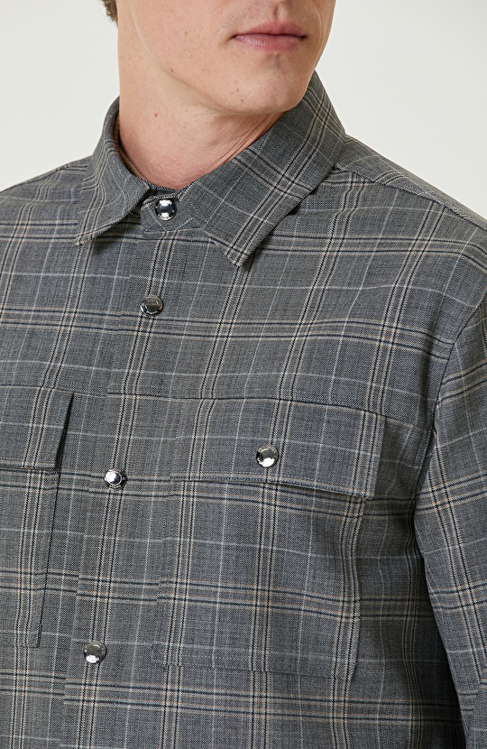 Gri Ekoseli Yün Karışımlı Dış Gömlek