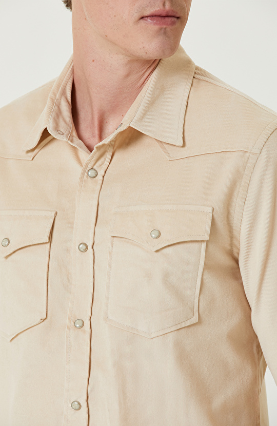 Ekru Limited İnce Fitilli Kadife Gömlek