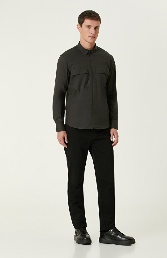 Haki Çift Cepli Fermuarlı Gömlek