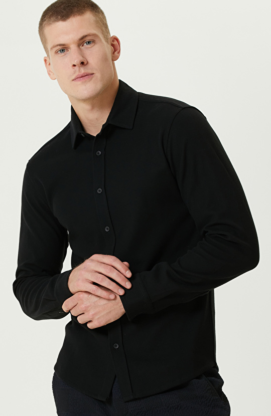 Siyah Merserize Örme Gömlek