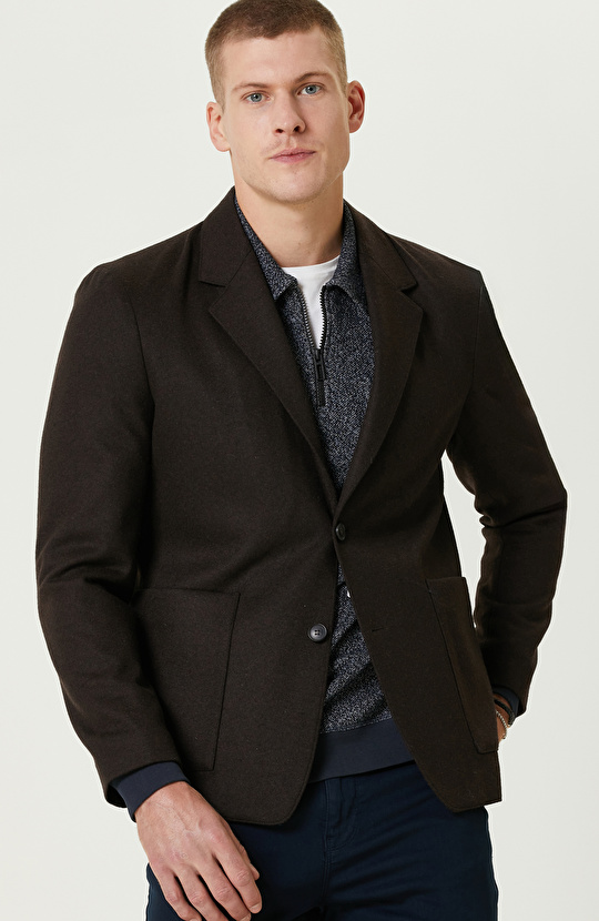 Kahverengi Yün Karışımlı Örme Ceket