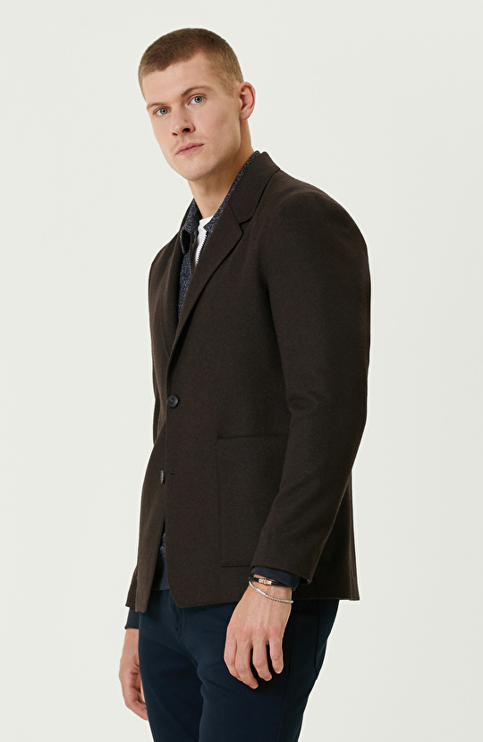 Kahverengi Yün Karışımlı Örme Ceket