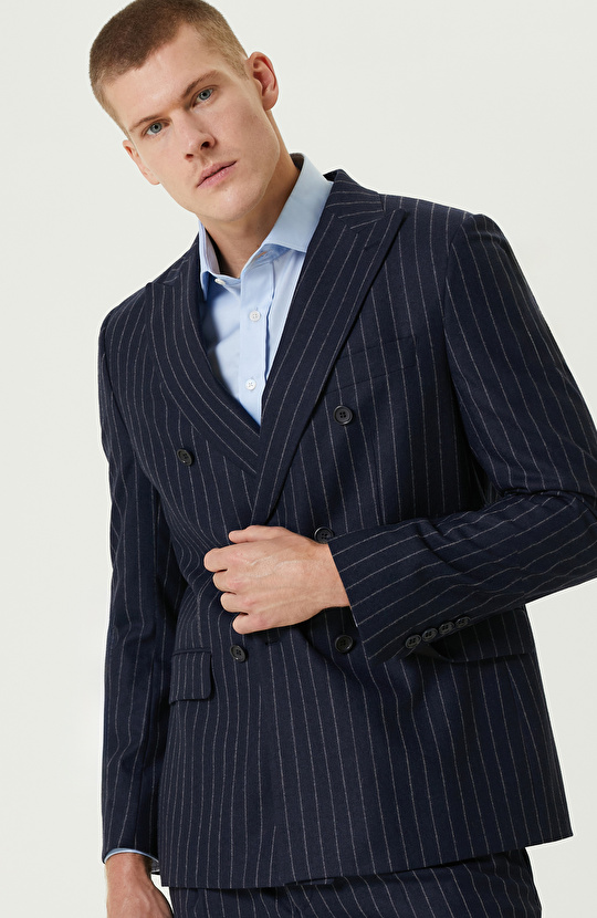 Lacivert Yün Karışımlı Çift Yırtmaç Takım Elbise