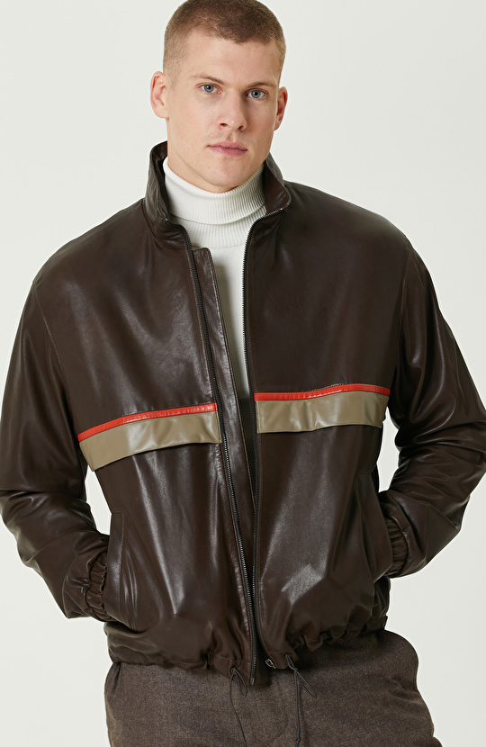 Kahverengi Gizli Kapüşonlu Bomber Deri Mont