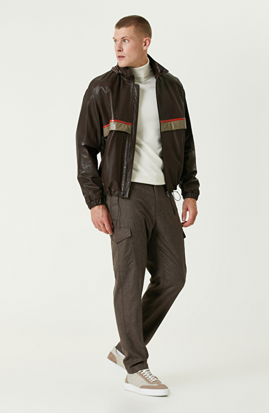 Kahverengi Gizli Kapüşonlu Bomber Deri Mont