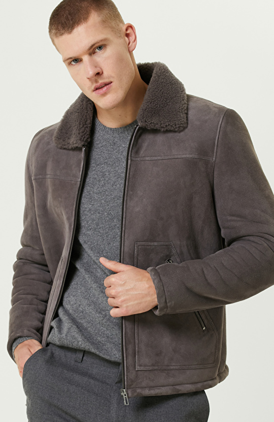 Vizon Yakası Kürklü Süet Mont