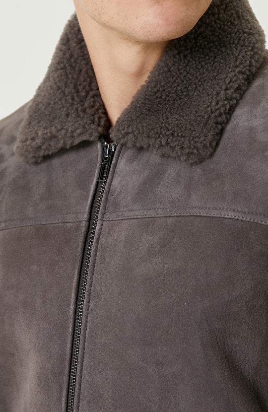 Vizon Yakası Kürklü Süet Mont