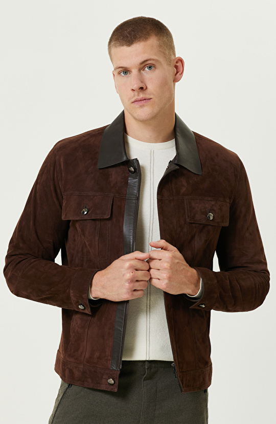 Kahverengi Deri Detaylı Süet Mont