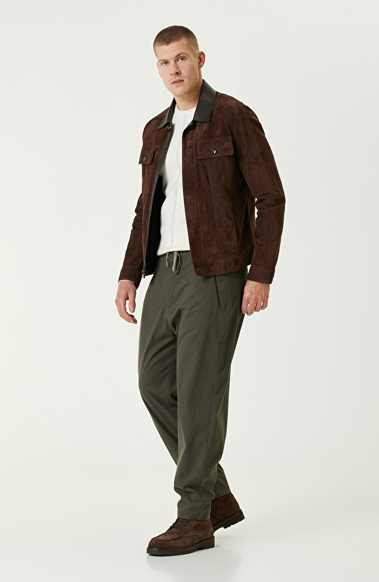 Kahverengi Deri Detaylı Süet Mont