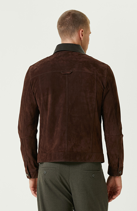 Kahverengi Deri Detaylı Süet Mont