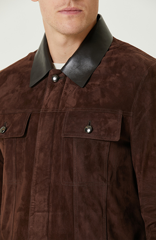 Kahverengi Deri Detaylı Süet Mont