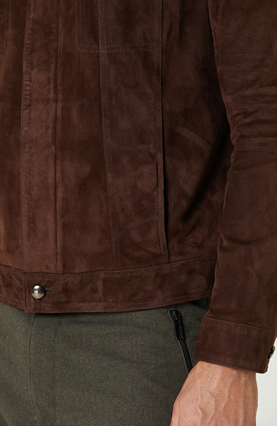 Kahverengi Deri Detaylı Süet Mont