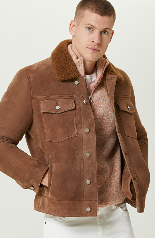 Karamel Yakası Kürklü Süet Mont