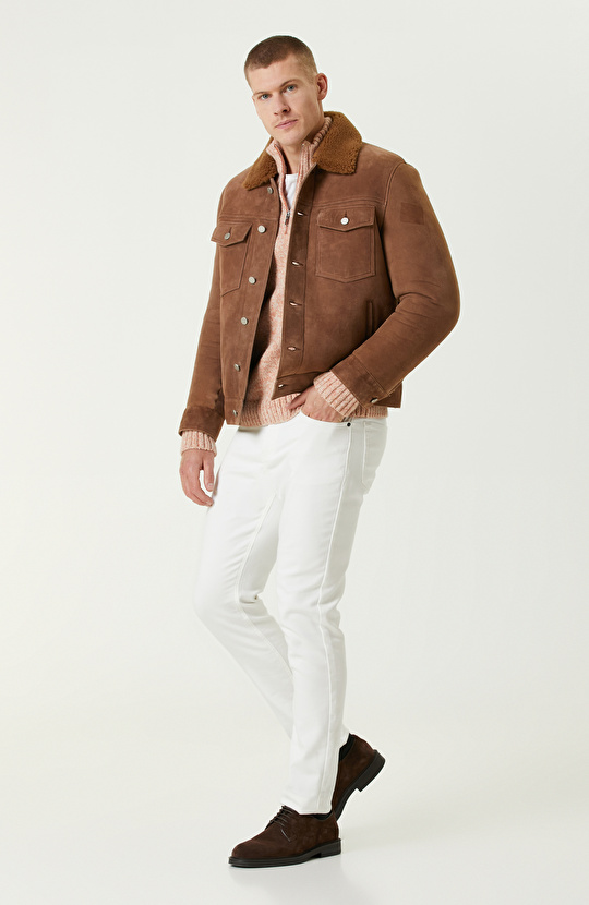 Karamel Yakası Kürklü Süet Mont