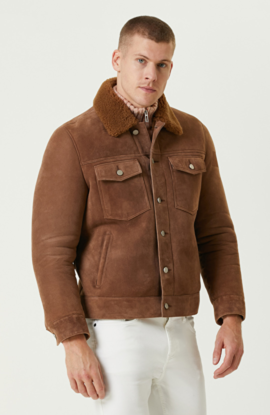 Karamel Yakası Kürklü Süet Mont