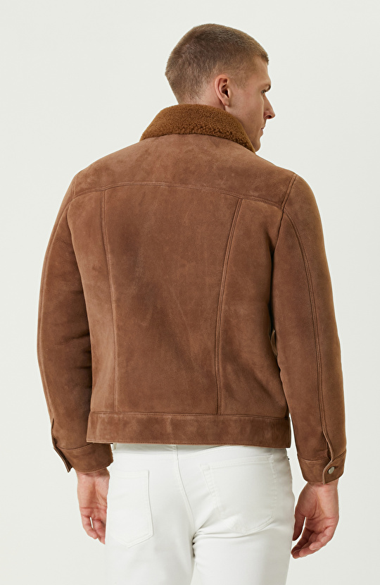 Karamel Yakası Kürklü Süet Mont