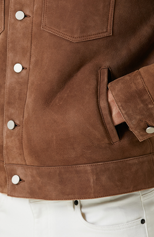 Karamel Yakası Kürklü Süet Mont