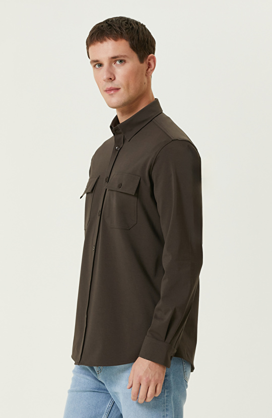 Kahverengi Çift Cepli Örme Gömlek