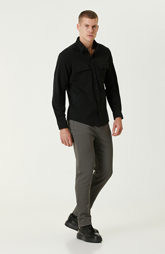 Siyah Çift Cepli Örme Gömlek