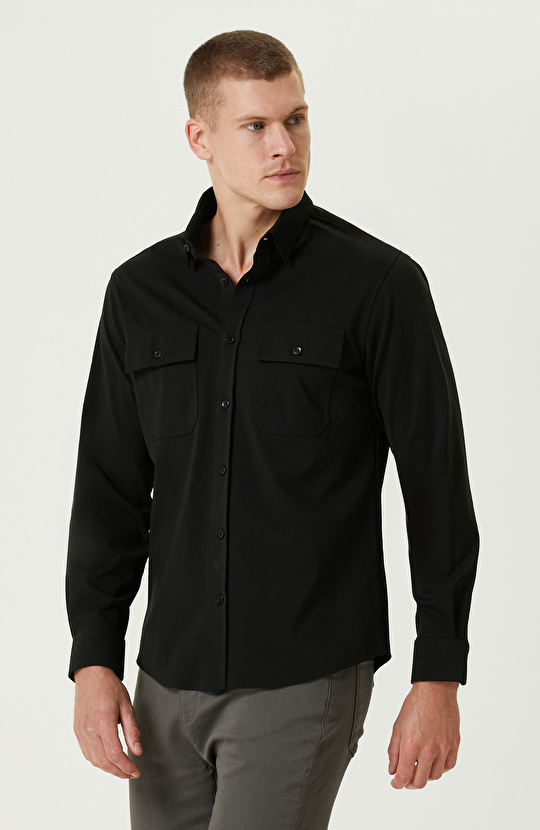 Siyah Çift Cepli Örme Gömlek