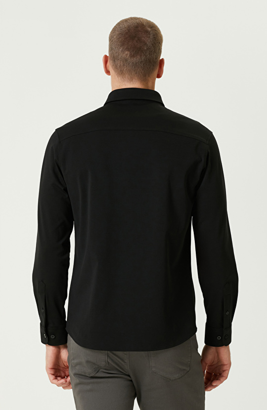 Siyah Çift Cepli Örme Gömlek