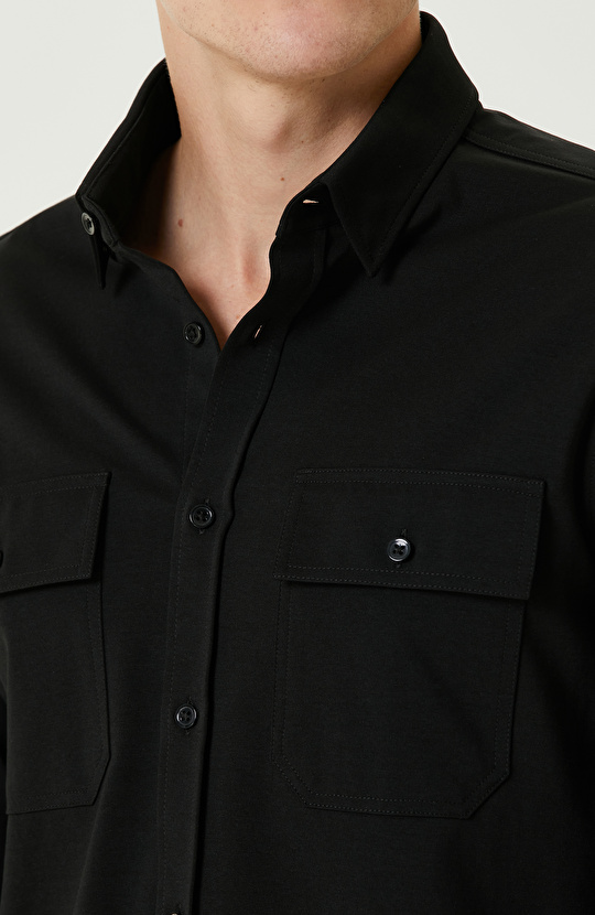 Siyah Çift Cepli Örme Gömlek