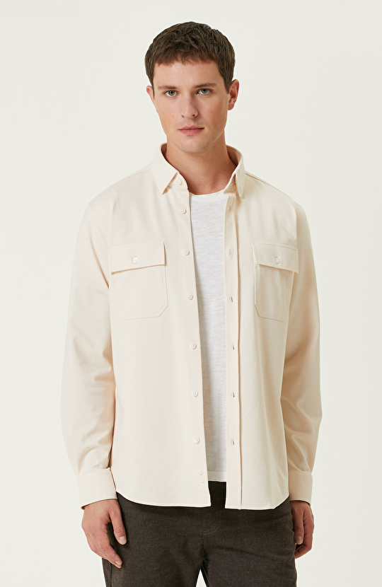 Açık Bej Limited Çift Cepli Örme Gömlek