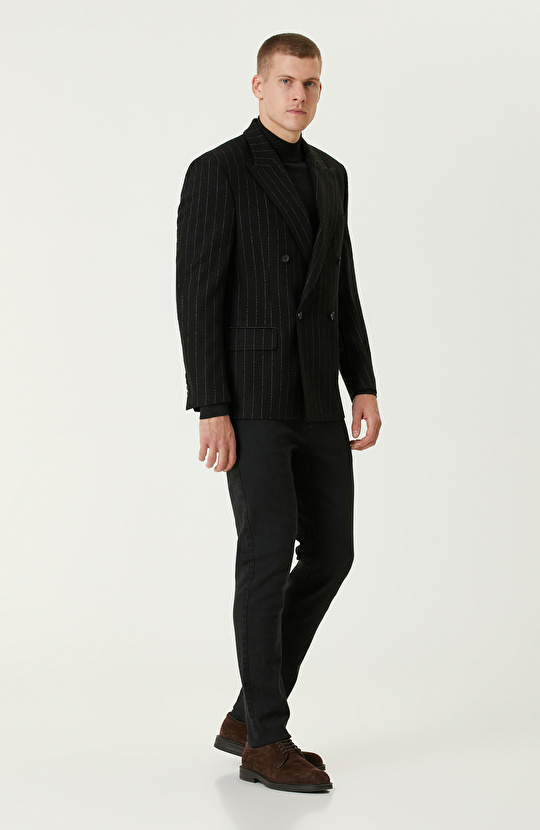 Siyah Yün Karışımlı Kruvaze Ceket