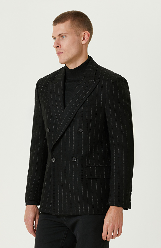 Siyah Yün Karışımlı Kruvaze Ceket