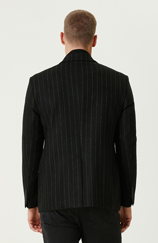 Siyah Yün Karışımlı Kruvaze Ceket