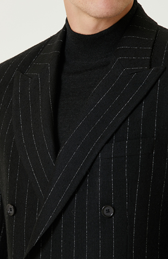 Siyah Yün Karışımlı Kruvaze Ceket