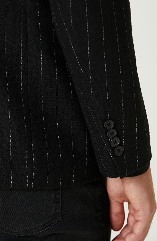 Siyah Yün Karışımlı Kruvaze Ceket